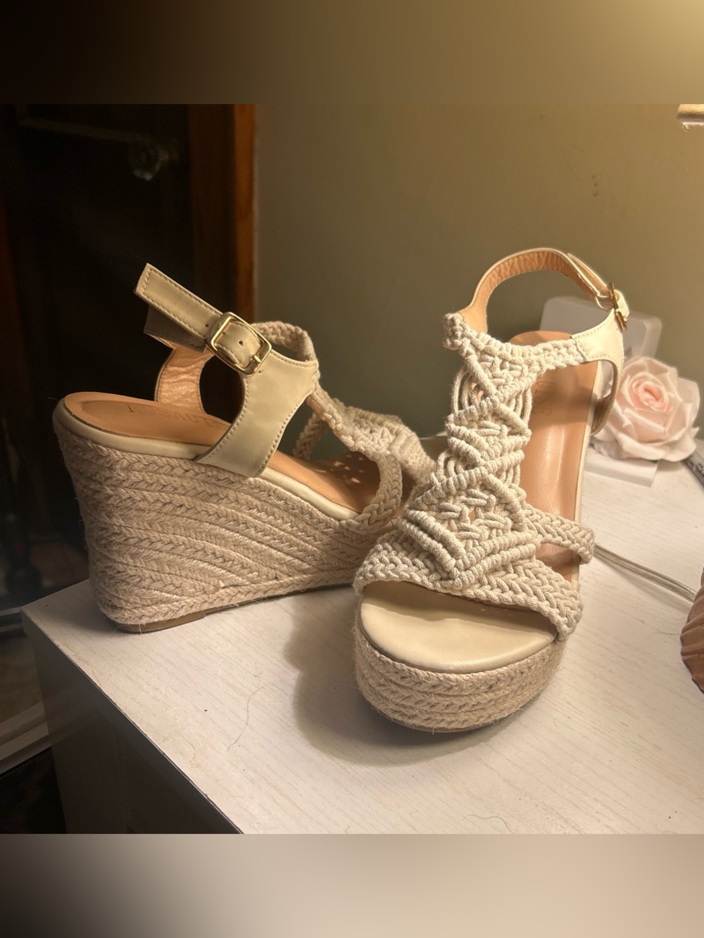 Cream Macramé Espadrille Wedge Sandals with Ankle Strap